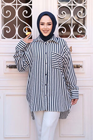 Çizgili Lacivert Tesettür Gömlek 10469L