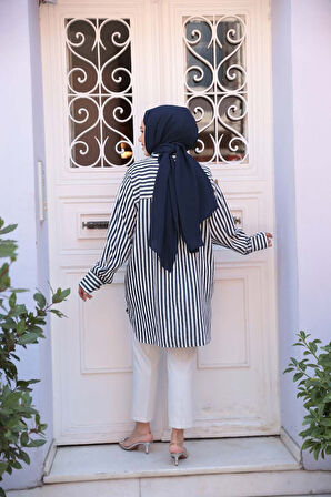 Çizgili Lacivert Tesettür Gömlek 10469L