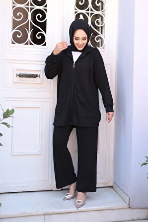 Fermuarlı Siyah Tesettür İkili Takım 17461S