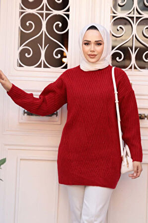 Kırmızı Tesettür Triko  Kazak Tunik 7852K