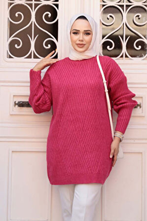 Fuşya Tesettür Triko  Kazak Tunik 7852F