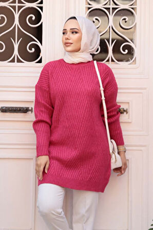 Fuşya Tesettür Triko  Kazak Tunik 7852F