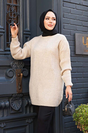 Bej Tesettür Triko Kazak Tunik 7852BEJ