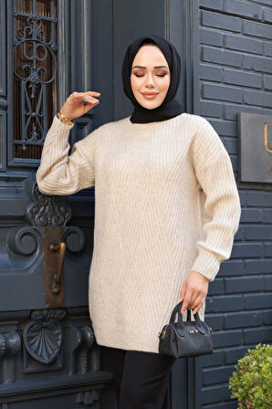 Bej Tesettür Triko Kazak Tunik 7852BEJ