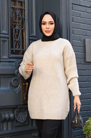 Bej Tesettür Triko Kazak Tunik 7852BEJ