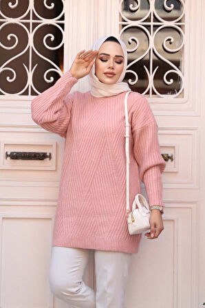 Pudra Tesettür Triko Kazak Tunik 7852PD