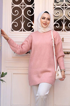 Pudra Tesettür Triko Kazak Tunik 7852PD