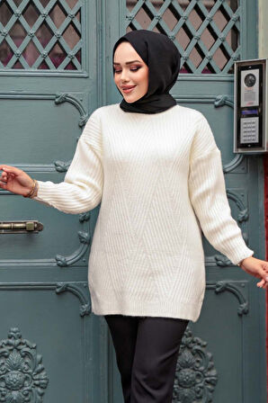 Ekru Tesettür Triko Kazak Tunik 7852E