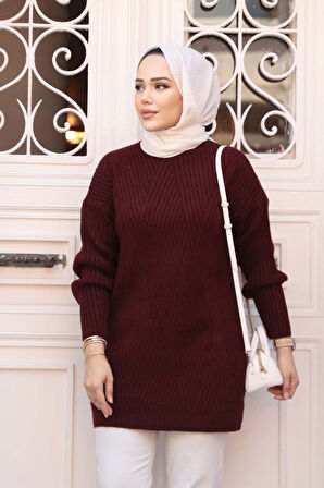 Koyu Bordo Tesettür Triko Kazak Tunik 7852KBR