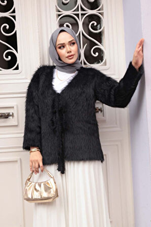 Tüylü Siyah Tesettür Triko Hırka 8682S