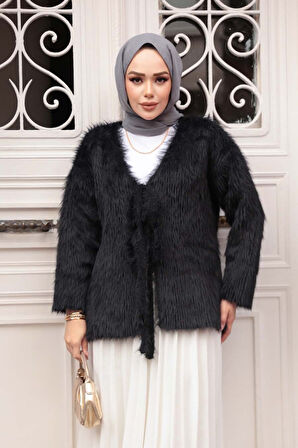 Tüylü Siyah Tesettür Triko Hırka 8682S