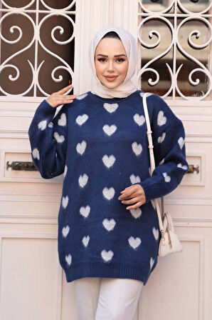 Kalp Desenli Lacivert Tesettür Triko Kazak Tunik 8688L
