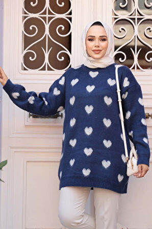 Kalp Desenli Lacivert Tesettür Triko Kazak Tunik 8688L