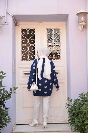 Kalp Desenli Lacivert Tesettür Triko Kazak Tunik 8688L