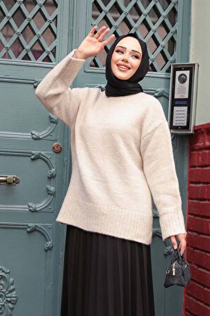 Koyu Bej Tesettür Triko Kazak Tunik 87181BEJ