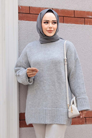 Gri Tesettür Triko Kazak Tunik 87181GR