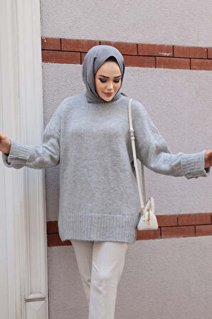 Gri Tesettür Triko Kazak Tunik 87181GR