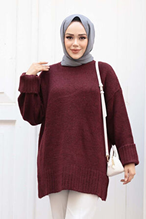 Koyu Bordo Tesettür Triko Kazak Tunik 87181KBR
