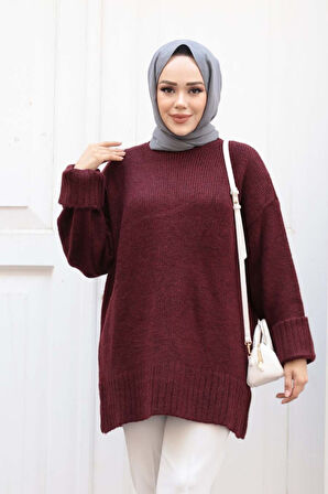 Koyu Bordo Tesettür Triko Kazak Tunik 87181KBR