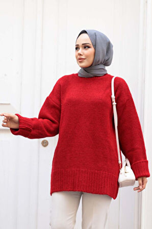 Kırmızı Tesettür Triko Kazak Tunik 87181K