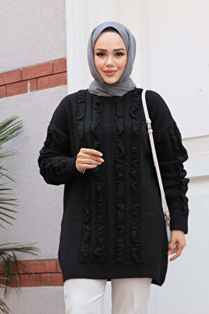 Siyah Tesettür Triko Kazak Tunik 87703S