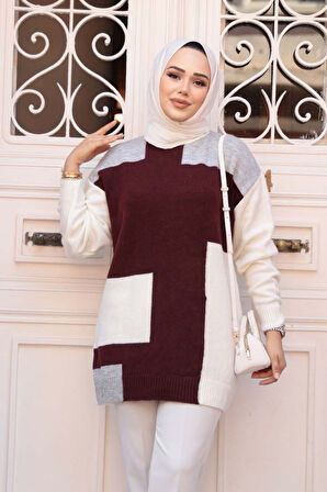 Blok Renkli Gri Tesettür Triko Kazak Tunik 88101GR