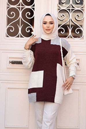 Blok Renkli Gri Tesettür Triko Kazak Tunik 88101GR