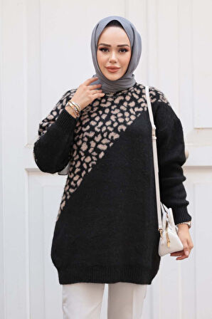 Desenli Siyah Tesettür Triko Kazak Tunik 8818S
