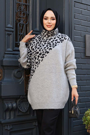 Desenli Gri Tesettür Triko Kazak Tunik 8818GR