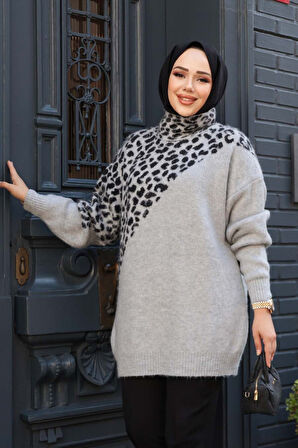 Desenli Gri Tesettür Triko Kazak Tunik 8818GR