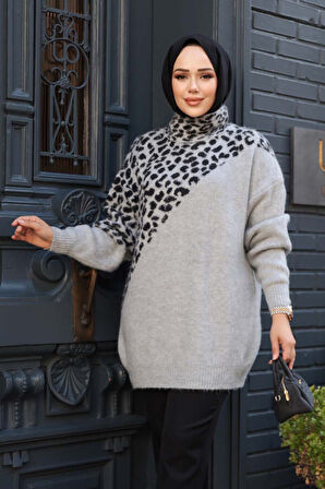 Desenli Gri Tesettür Triko Kazak Tunik 8818GR