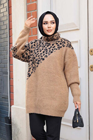 Desenli Camel Tesettür Triko Kazak Tunik 8818C