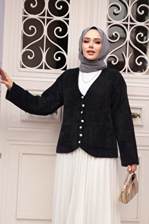 Tüylü Siyah Tesettür Triko Hırka 8828S