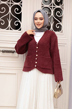 Tüylü Koyu Bordo Tesettür Triko Hırka 8828KBR
