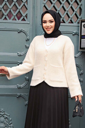 Tüylü Krem Tesettür Triko Hırka 8828KR
