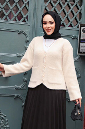 Tüylü Krem Tesettür Triko Hırka 8828KR