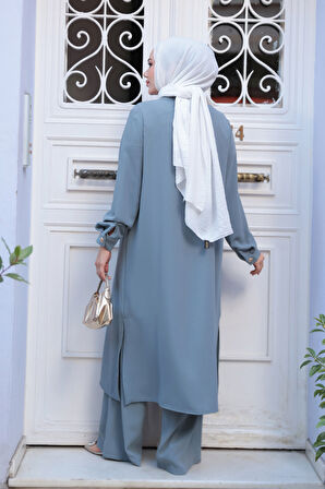 Düğme Detaylı Gri Tesettür İkili Takım 76642GR