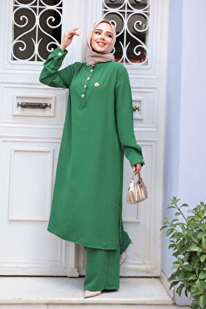 Düğme Detaylı Yeşil Tesettür İkili Takım 76642Y