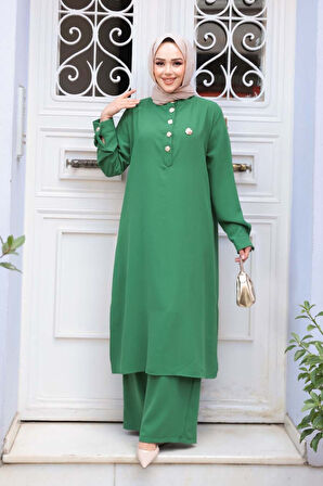 Düğme Detaylı Yeşil Tesettür İkili Takım 76642Y