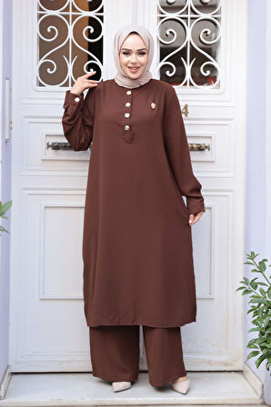 Düğme Detaylı Kahverengi Tesettür İkili Takım 76642KH