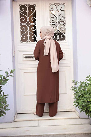 Düğme Detaylı Kahverengi Tesettür İkili Takım 76642KH