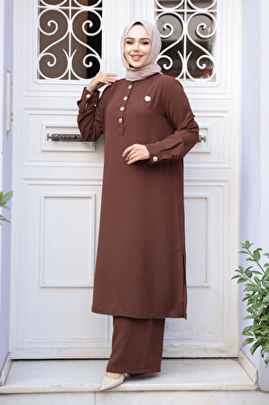 Düğme Detaylı Kahverengi Tesettür İkili Takım 76642KH