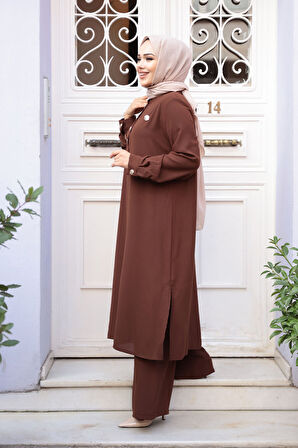 Düğme Detaylı Kahverengi Tesettür İkili Takım 76642KH