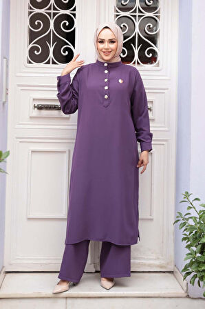 Düğme Detaylı  Tesettür İkili Takım 76642LILA
