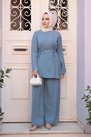 Düğmeli Mavi Tesettür İkili Takım 30431M