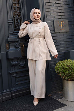 Düğmeli Bej Tesettür İkili Takım 30431BEJ