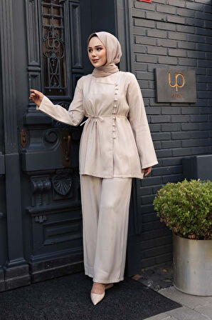Düğmeli Bej Tesettür İkili Takım 30431BEJ