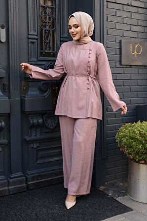 Düğmeli Gül Kurusu Tesettür İkili Takım 30431GK