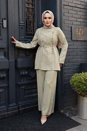 Düğmeli Açık Haki Tesettür İkili Takım 30431AHK