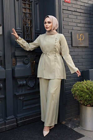 Düğmeli Açık Haki Tesettür İkili Takım 30431AHK